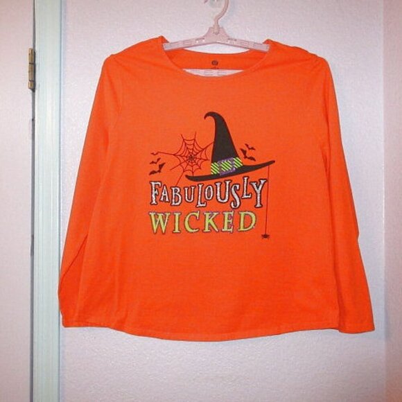 FABULOUSLY WICKED Witch T-SHIRT Size 2X LONG SLEEVE Glitter BATS Spiders WEB Hat - Picture 2 of 8